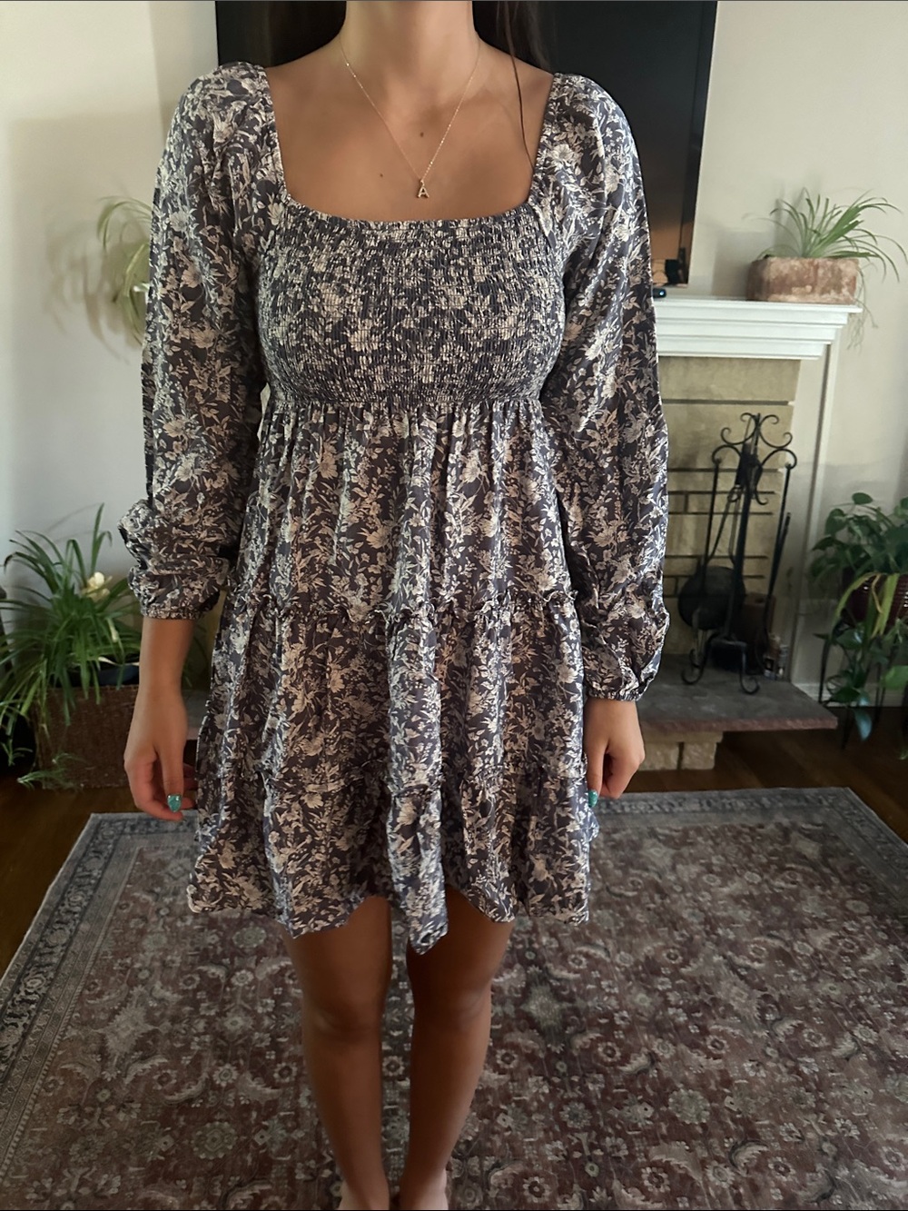 Altar'd State Blue and White Floral Smocked Square-Neck Mini Dress